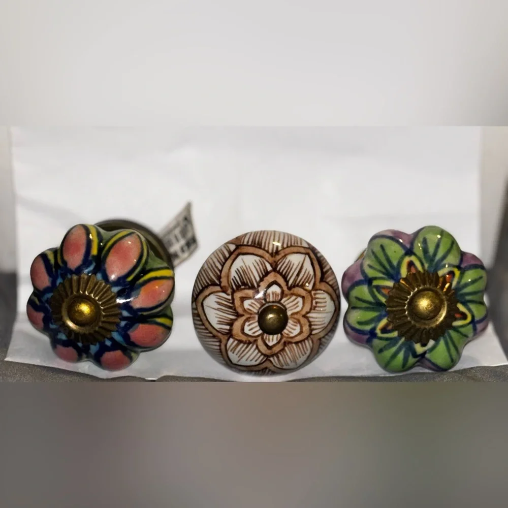 Beautiful Unique Artisan Hand Painted Multicolor Floral Ceramic Knobs, Set of 6